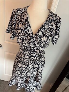 LOFT Black and White Floral Wrap Dress